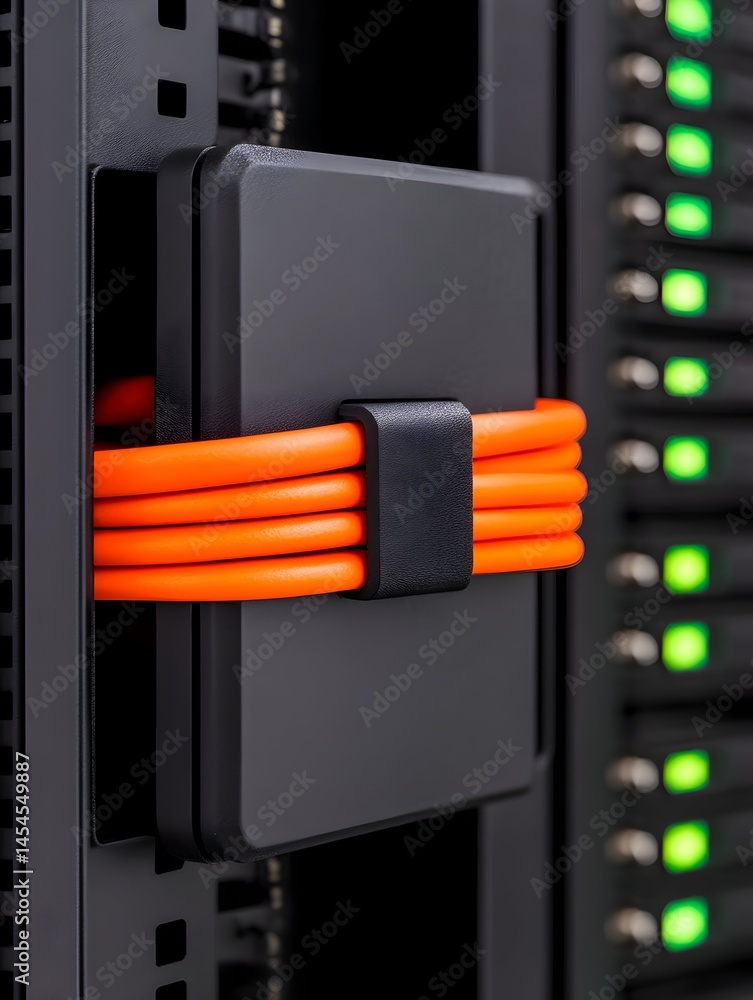Poster close-up of a black server component with orange cables neatly secured within a rack
