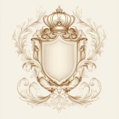 Elegant heraldic emblem with a crown and shield design on a beige background featuring floral ornaments and decorative elements. Detailed vector illustration.