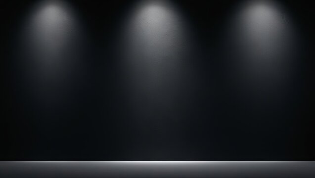 Empty dark stage with three overhead spotlights illuminating a black backdrop creating a dramatic theatrical or event setting with minimal lighting