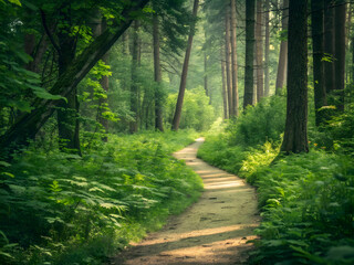 Winding Forest Path with Sunlight Filtering Through Trees