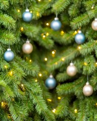 Obraz premium Festive Christmas tree adorned with teal and ivory ornaments and warm fairy lights