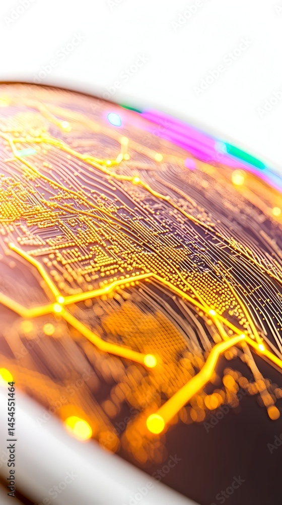 Poster illuminated circuit board resembling a city map, showcasing intricate pathways and glowing nodes