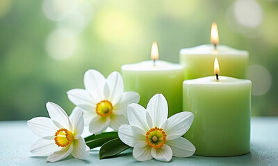 Flowers and candles. Beautiful white flowers and green burning candles on blurred nature background with copy space.