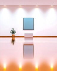 Minimalist gallery interior with artwork, plant, and reflective floor