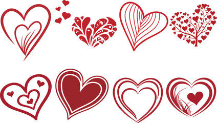 Red vector heart love silhouette icon set