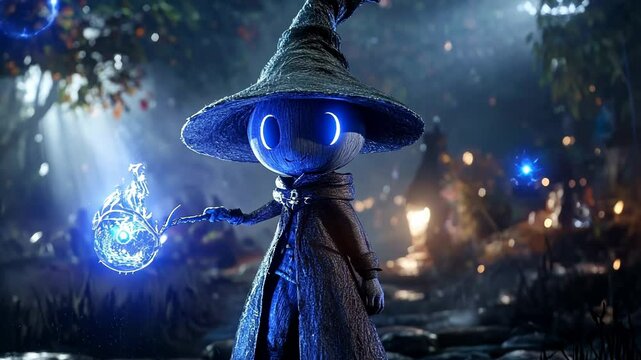 Playful 3D Cartoon Wizard with Colorful Glass Bottles and Light Effects