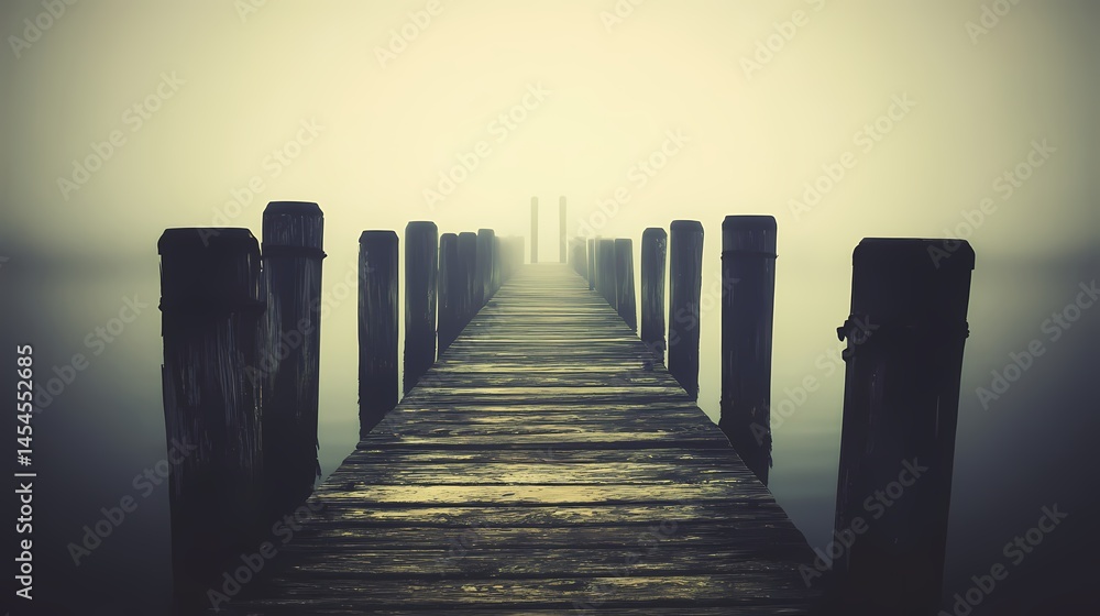 Poster Foggy pier extending into a tranquil lake, creating a serene atmosphere with distant posts fading away