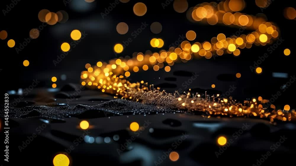 Wall mural flowing golden glitter particles and bokeh lights on dark reflective surface video. seamless loop an