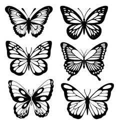 Silhouette of black butterflies. Collection of butterflies.