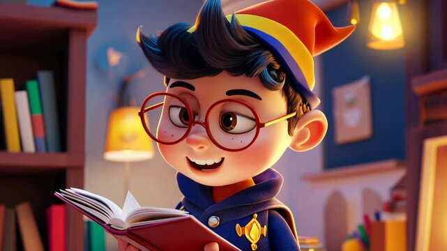 Playful Funny 3D Cartoon Illustration of a Boy with Glasses Reading a Colorful Book in School