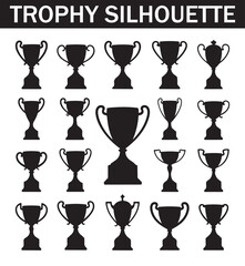 Collection of various black silhouette trophy icons depicting different shapes, sizes, and angles for award and recognition design purposes.