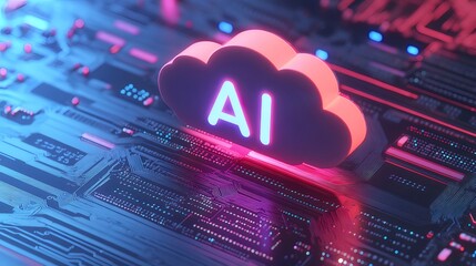 ネオンライトで照らされたAIクラウドシンボルが回路基板上に配置された未来的デジタルイメージ