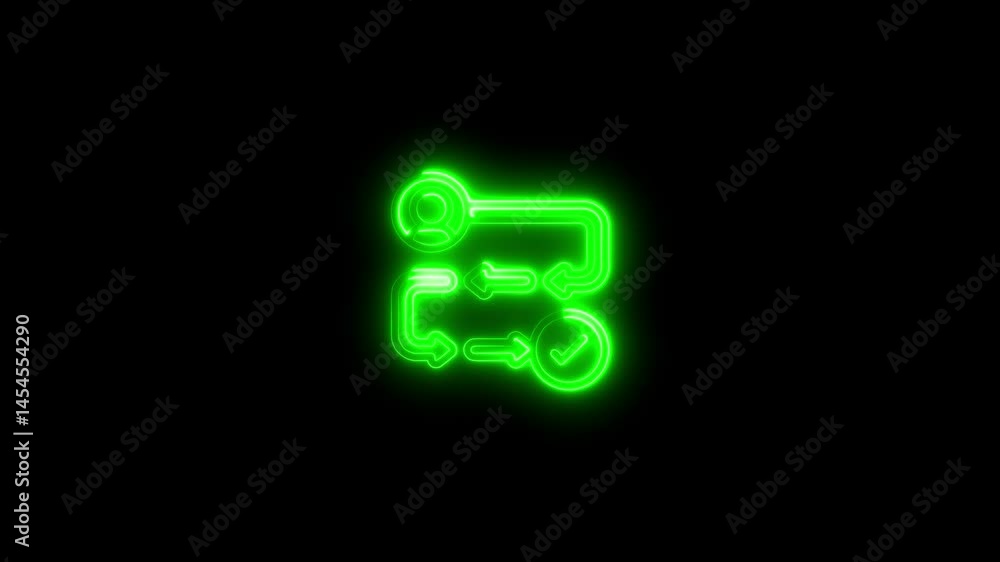 Poster green neon process flowchart with checkmark confirmation and glowing black background