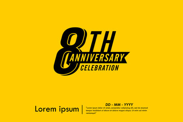 8th years anniversary celebration emblem. black logo isolated with ribbon on yellow background. vector illustration template design for web, flyers, poster, greeting card and invitation card