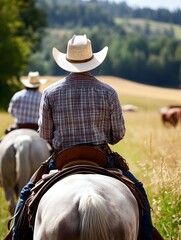 Two cowboys on horseback ride through a golden field, cattle visible in the distance
