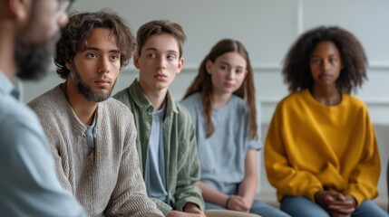 In an inviting space, a group of teenage boys, girls, and a non-binary individual engage in meaningful dialogue about friendships and identity. The atmosphere is supportive and open