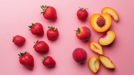 Flat lay of fresh strawberries and peaches on pink background.