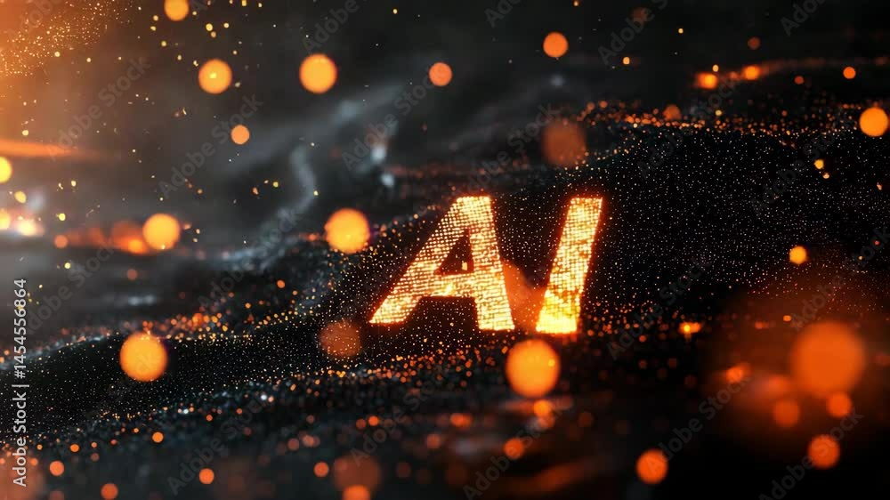 Poster abstract digital background featuring glowing particles and swirling light waves with the text ai pr