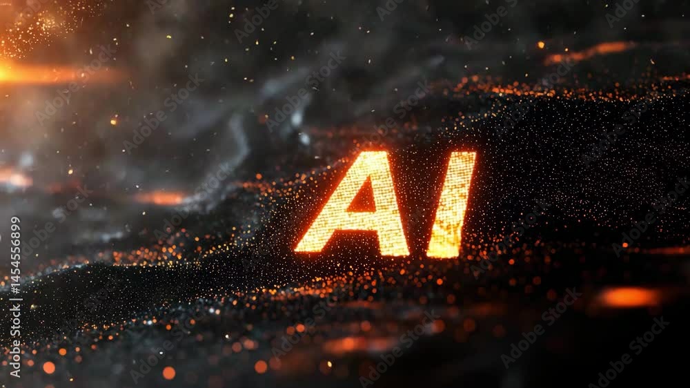 Poster abstract digital representation of artificial intelligence with glowing particles and lines in a dar