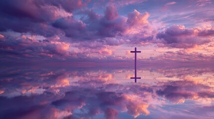 Obraz premium Serene Sunset Landscape with Cross ReflectionPeaceful Sky Cloudscape at Dawn or Dusk