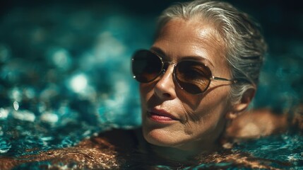 Fototapeta premium Mature Woman with Gray Hair Relaxing in a Pool Wearing Sunglasses A Summertime Scene of Tranquility and Wellness
