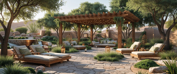 Serene outdoor oasis with pergola seating lounge chairs and stunning desert landscape.