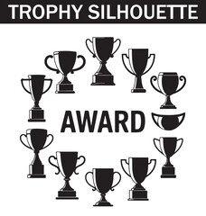Collection of various black silhouette trophy icons depicting different shapes, sizes, and angles for award and recognition design purposes.