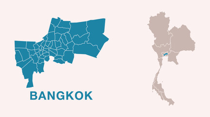 Fototapeta premium Detailed city map of Bangkok, Thailand with location highlighted on Thailand map. Vector Thailand map with regional divisions, isolated on background.