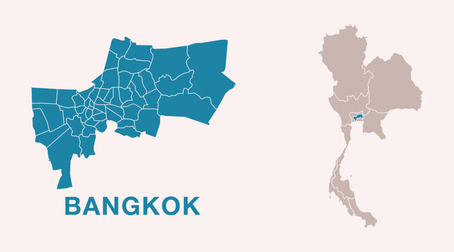 Detailed city map of Bangkok, Thailand with location highlighted on Thailand map. Vector Thailand map with regional divisions, isolated on background.