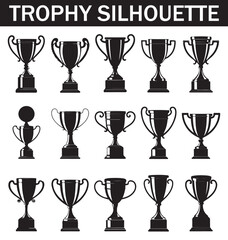 Collection of various black silhouette trophy icons depicting different shapes, sizes, and angles for award and recognition design purposes.