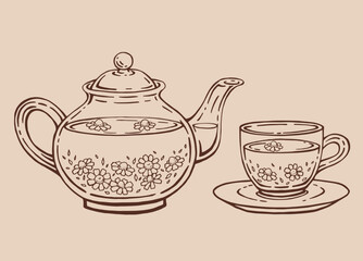 Tea set with glass teapot and cup, chamomile. Hand drawn vector illustration in outline style.