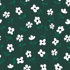 Seamless White floral  pattern with  green leaves on teal background. ideal for fabric design , digital paper, wrapping or wallpaper, and surface decoration.