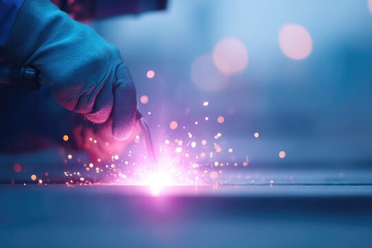 welder focused on metal construction amidst vivid neon hues gloves and mask enhancing glow
