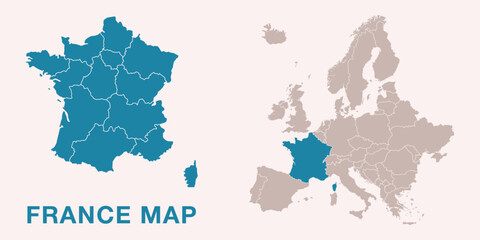 Map of France with administrative divisions and highlighted position on Europe map. Isolated on white background. Vector illustration.