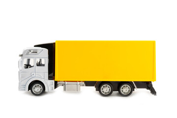 Yellow trucks and cardboard boxes isolated on white background. Concept logistics, delivery and...