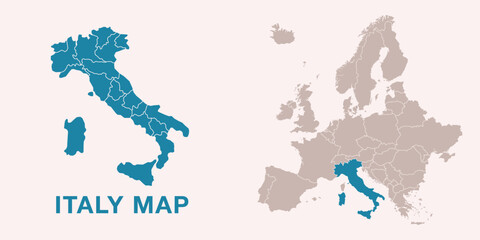 Map of Italy with administrative divisions and highlighted position on Europe map. Isolated on white background. Vector illustration.