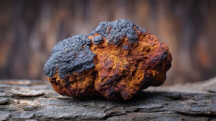 Close up of a Chaga Mushroom on a Wooden Surface Natural Texture and Rich Colors