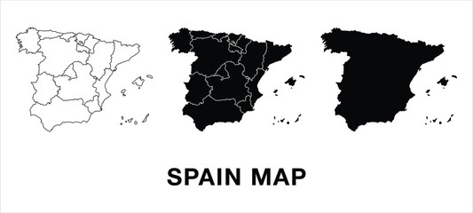 Fototapeta premium Spain map set with administrative divisions, outline, and silhouette. Editable vector for infographics, presentations, and educational use.