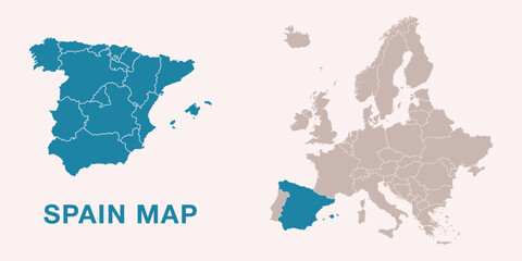 Map of Spain with administrative divisions and highlighted position on Europe map. Isolated on white background. Vector illustration.