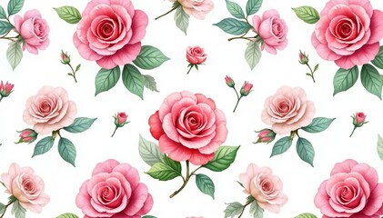 Delicate watercolor roses & leaves, repeating seamlessly , repeating pattern, wallpaper
