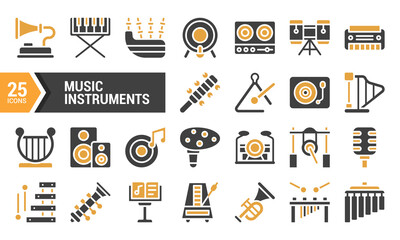 25 Two-Color Glyph Icons for Music Instruments Design.