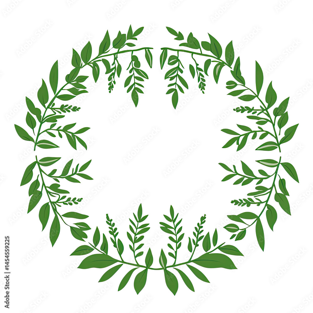 Poster circular green leaf wreath on transparent black background creating a natural frame perfect for desi