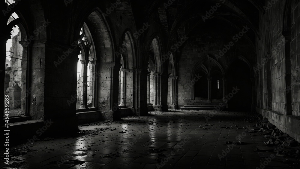 Poster dark medieval hallway with arches and columns in old stone building with textured walls and windows