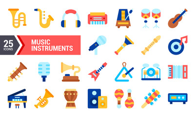 Fototapeta premium 25 Colorful Flat Icons of Musical Instruments.