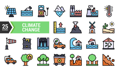 25 Colorful Line Icons Representing Climate Change.