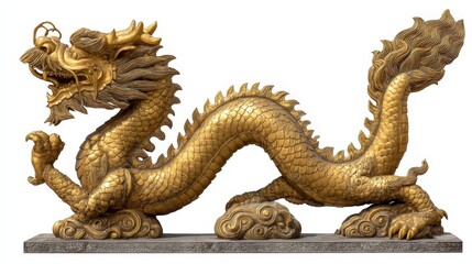 Obraz premium Majestic Golden Dragon Statue Isolated on White Background A Symbol of Power and Good Fortune in Chinese Culture