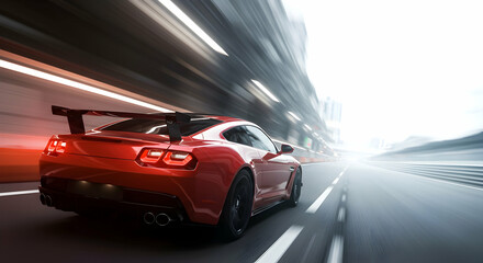 Red Sportscar Driving Fast on Highway with Motion Blur