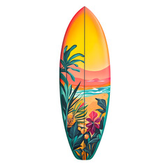 Surfboard with vibrant beach graphics