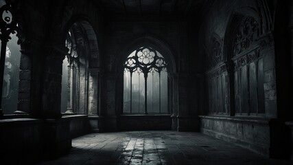Gothic Interior: Grand hall featuring stone architecture and large arched window creating dramatic light.