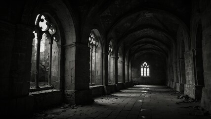 Obraz premium Dramatic monochrome interior of an ancient stone hall with arches and windows, bathed in soft light.